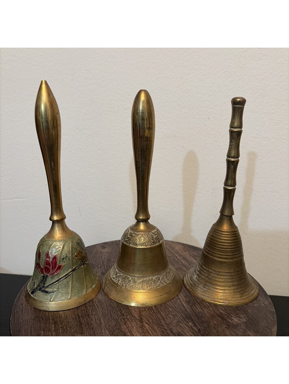 Vintage Lot Of 3 Brass Long Handle Bells Etched Faux Bamboo Enamel Flowers